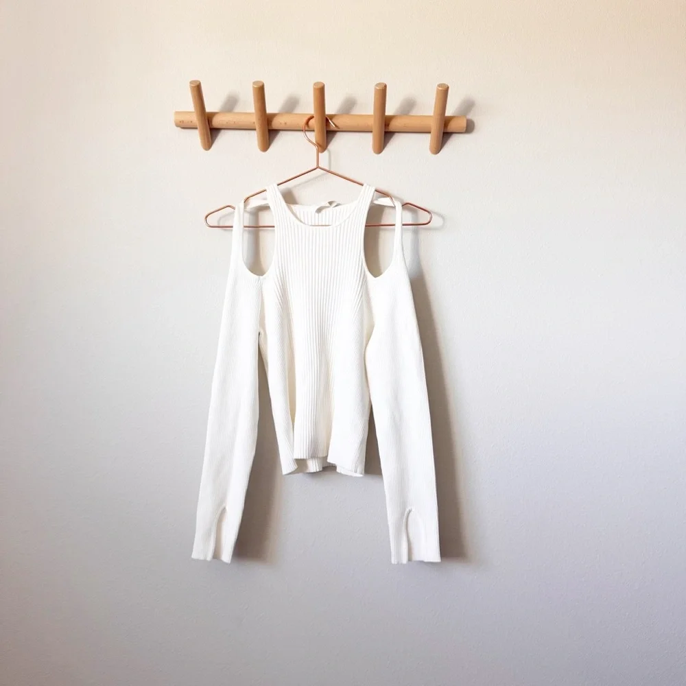 Jonathan Simkhai NWT Mandy Cut Out Cold Shoulder Ribbed Sweater Top White Size L - Picture 2 of 12
